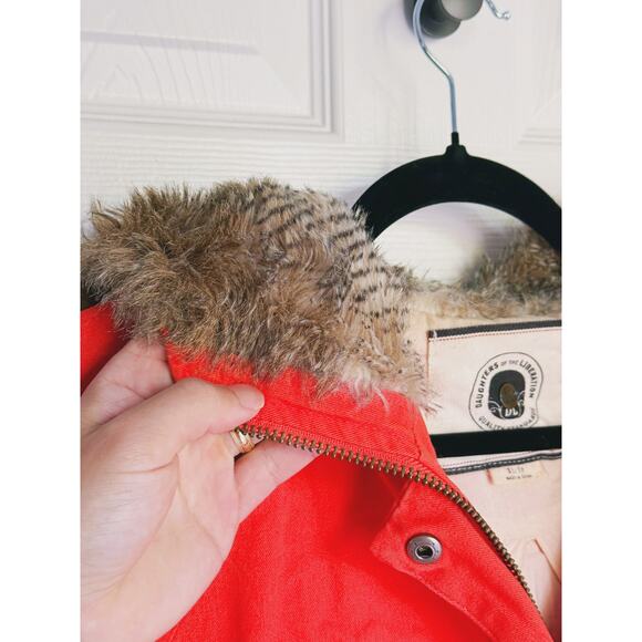 Anthro Daughters of the Liberation Fur Hood Full Zip Utility Parka Red XS Winter - Picture 12 of 13